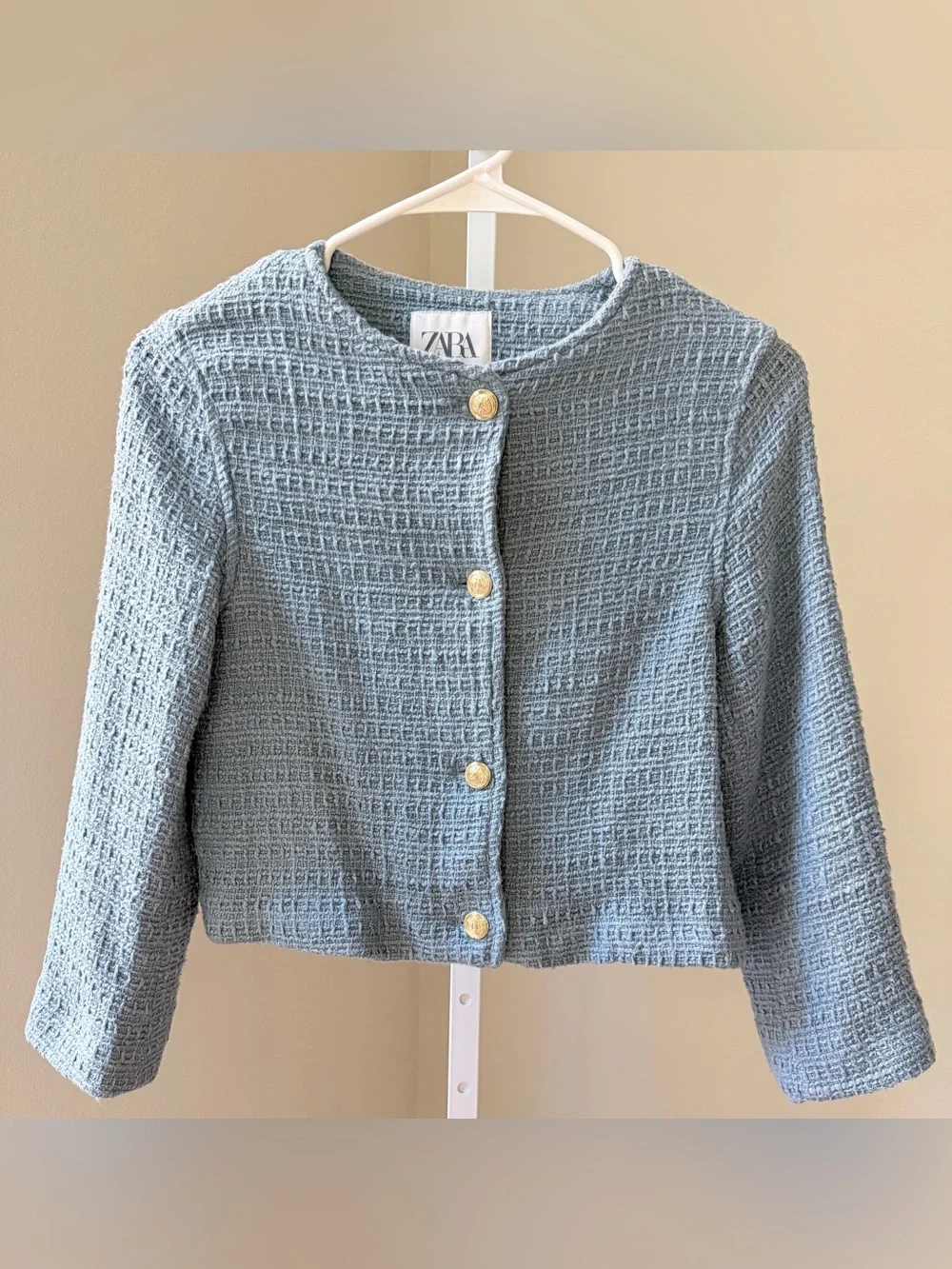 ZARA Light Blue Textured Cropped Jacket with Gold Buttons KIDS SIZE 11-12 YRS